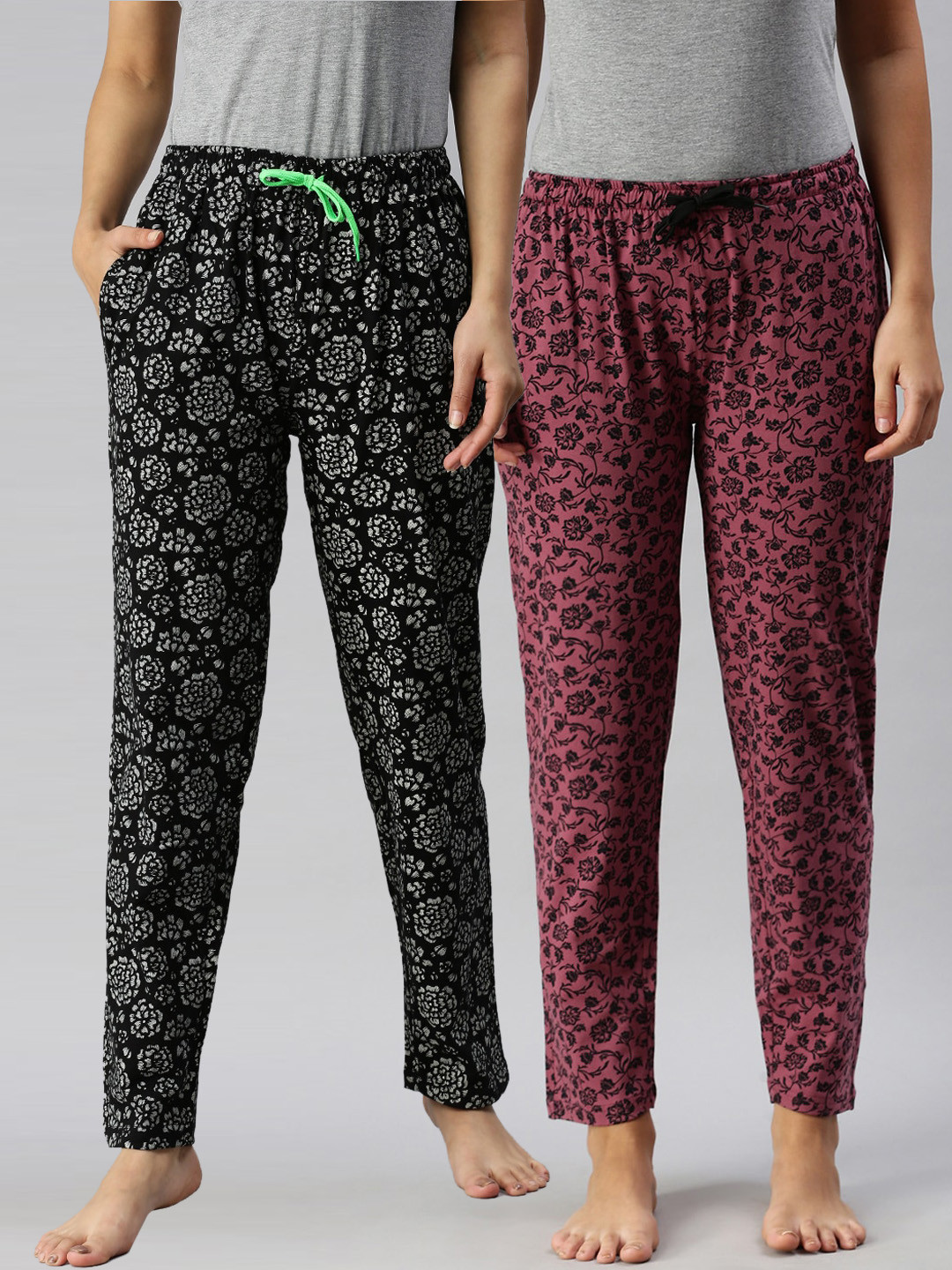 

Kryptic Women Pack Of 2 Black & Maroon Printed Pure Cotton Lounge Pants