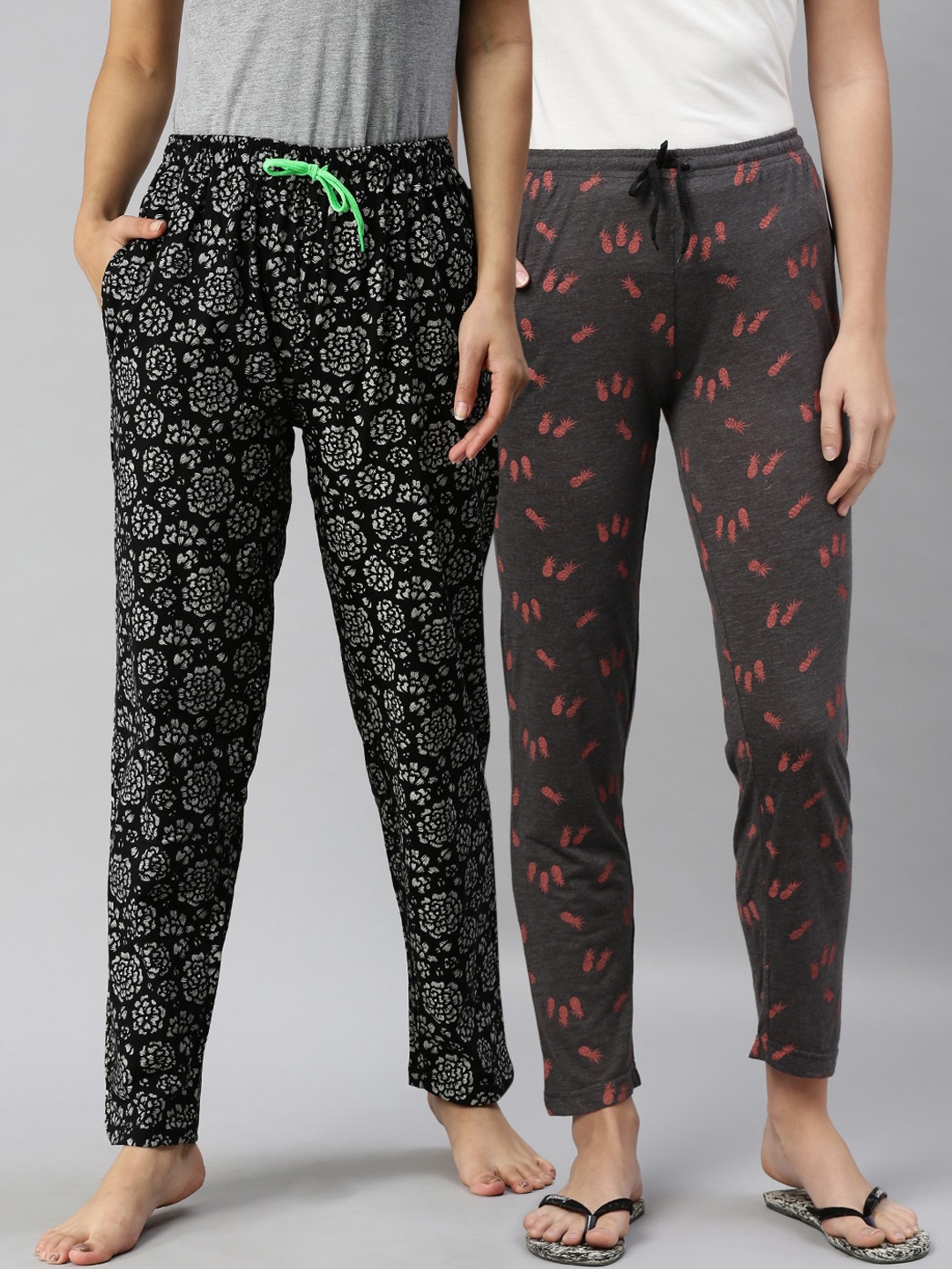 

Kryptic Women Pack Of 2 Printed Pure Cotton Lounge Pants, Black