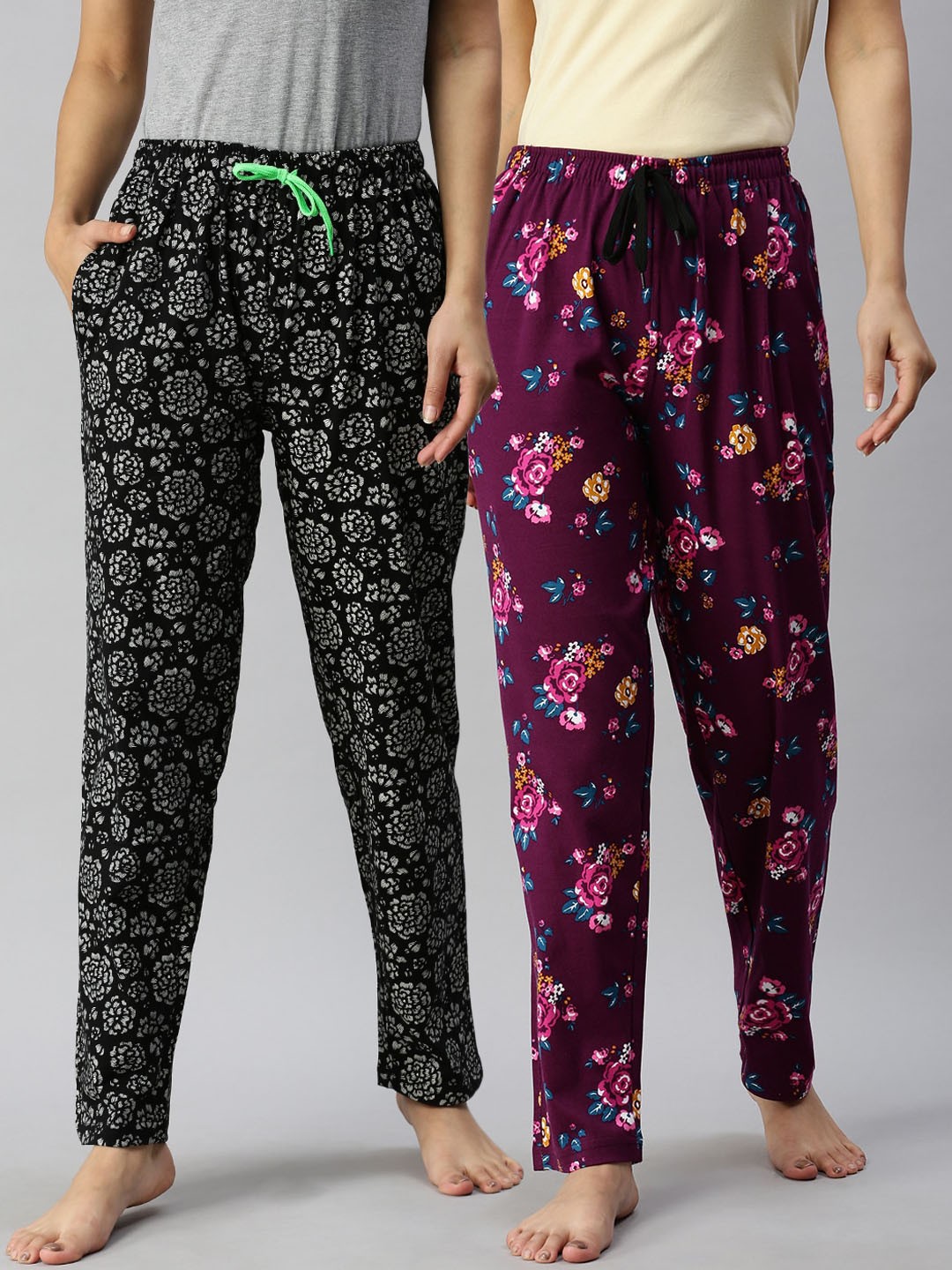 

Kryptic Women Pack Of 2 Printed Pure Cotton Lounge Pants, Black