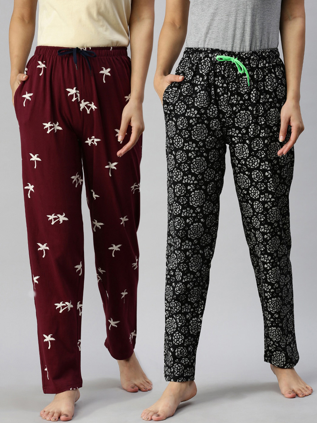 

Kryptic Women Pack Of 2 Printed Pure Cotton Lounge Pants, Black