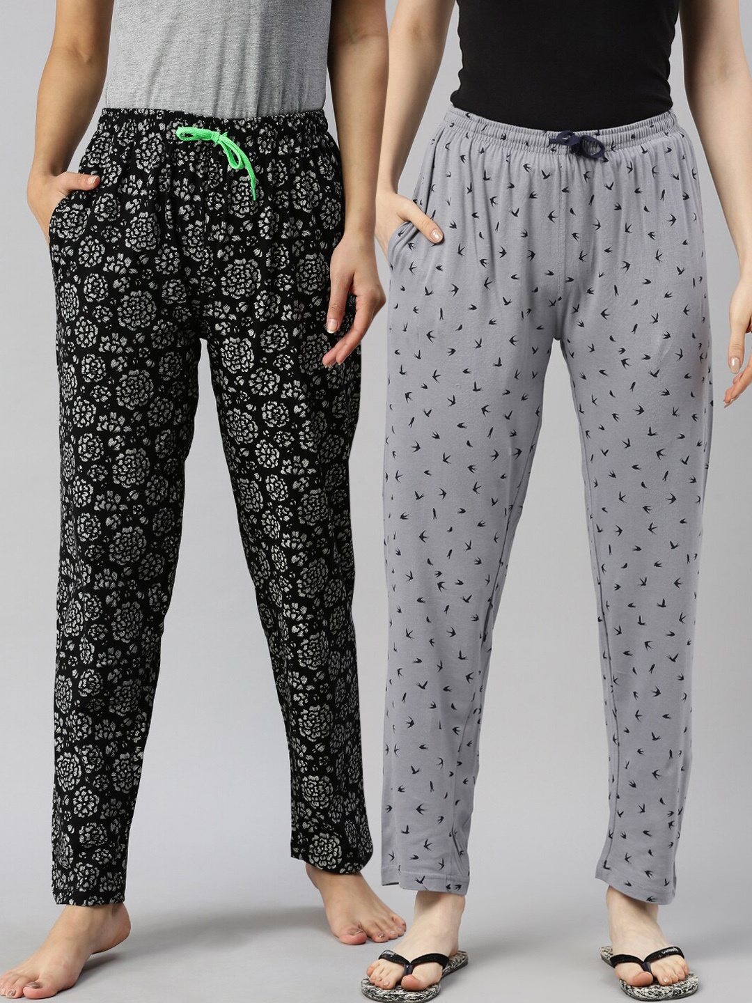 

Kryptic Women Pack Of 2 Printed Pure Cotton Lounge Pants, Black