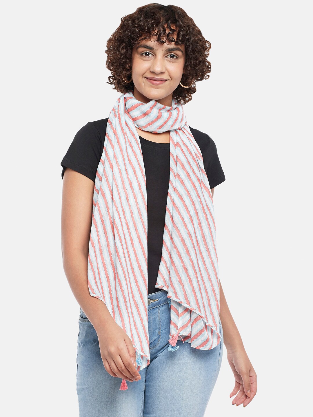 

Honey by Pantaloons Women Pink & Blue Striped Scarf