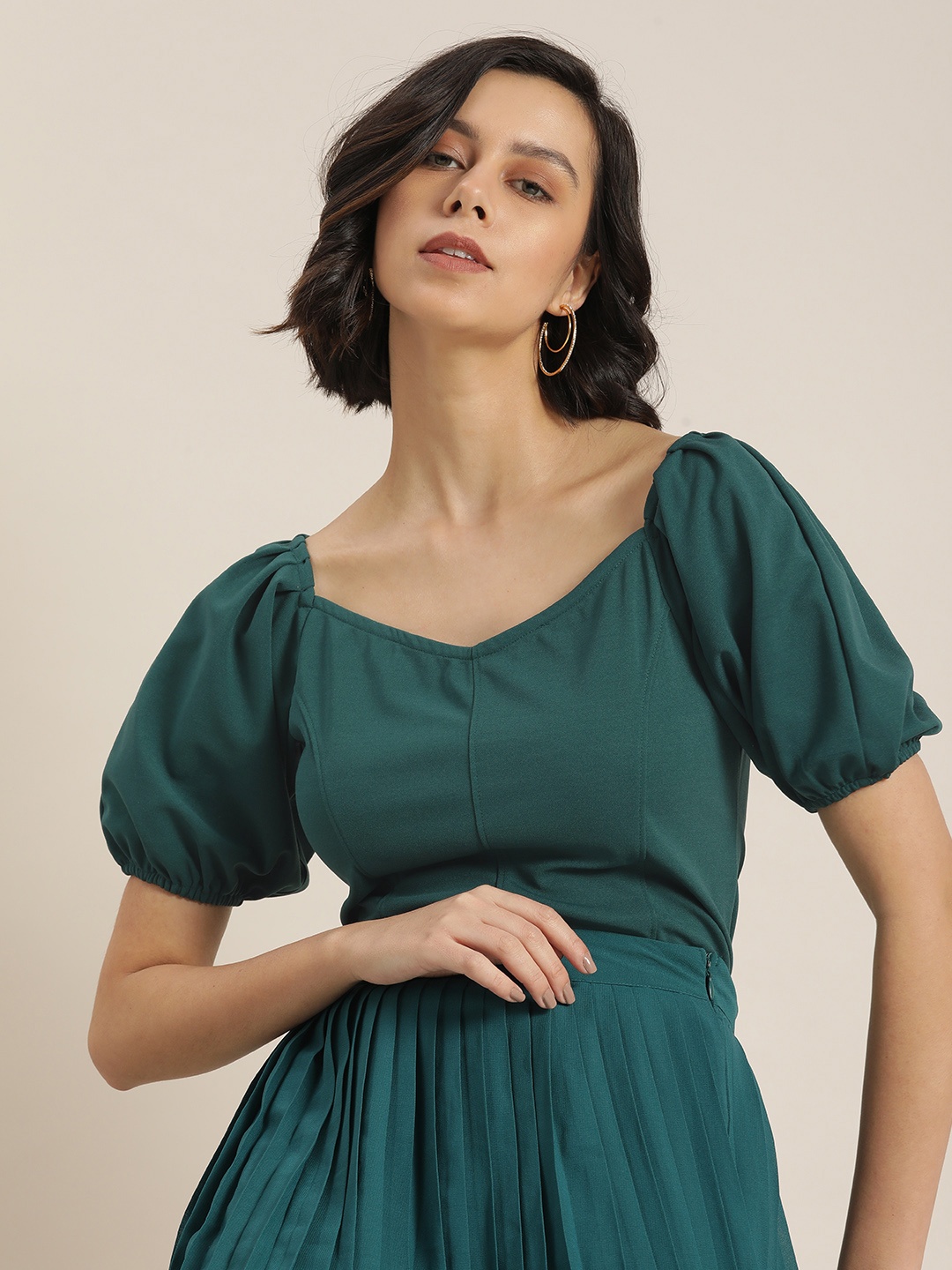 

Moda Rapido Women Teal Green Solid Puff Sleeves Top