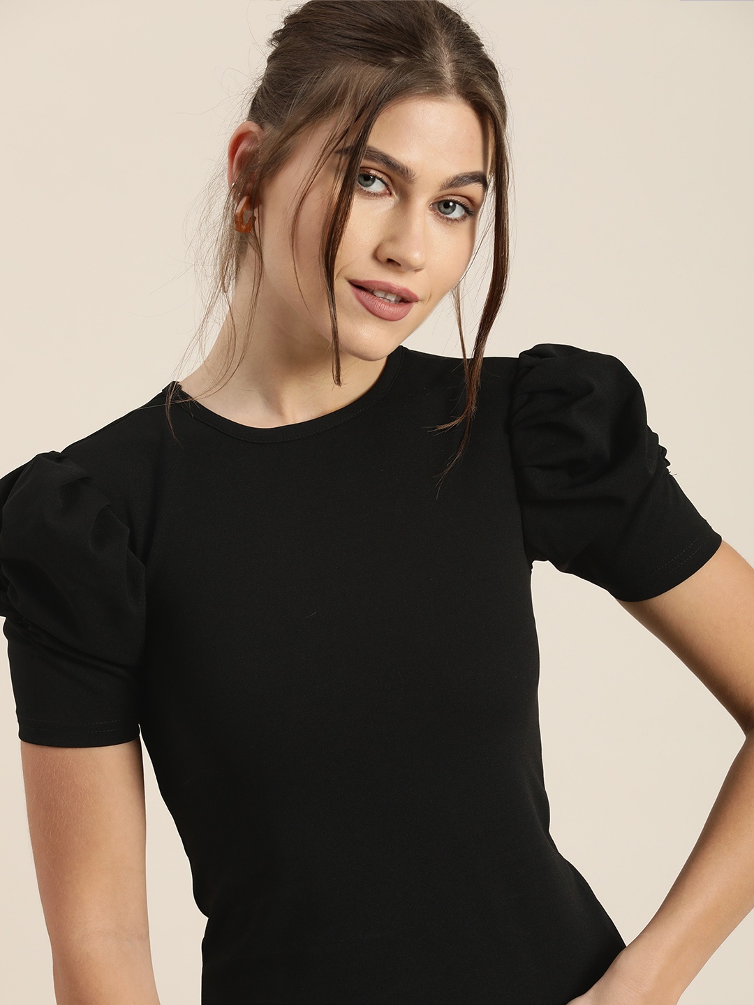 

Moda Rapido Women Black Solid Puff-Sleeve Regular Top