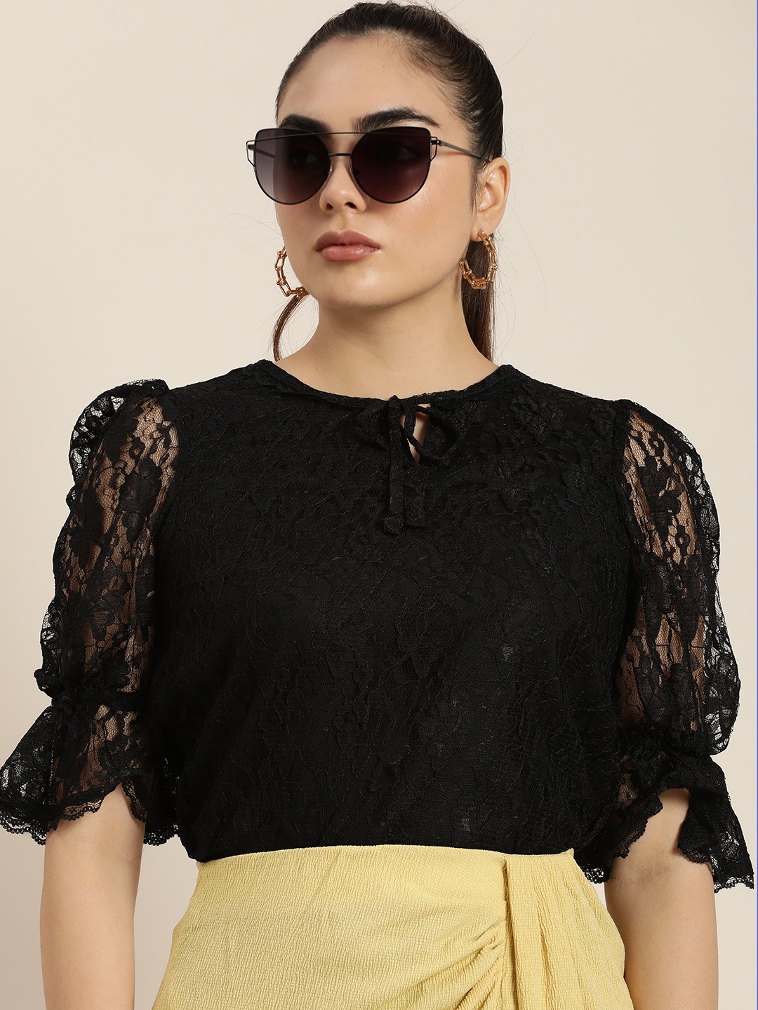 

Moda Rapido Black Floral Tie-Up Neck Lace Top