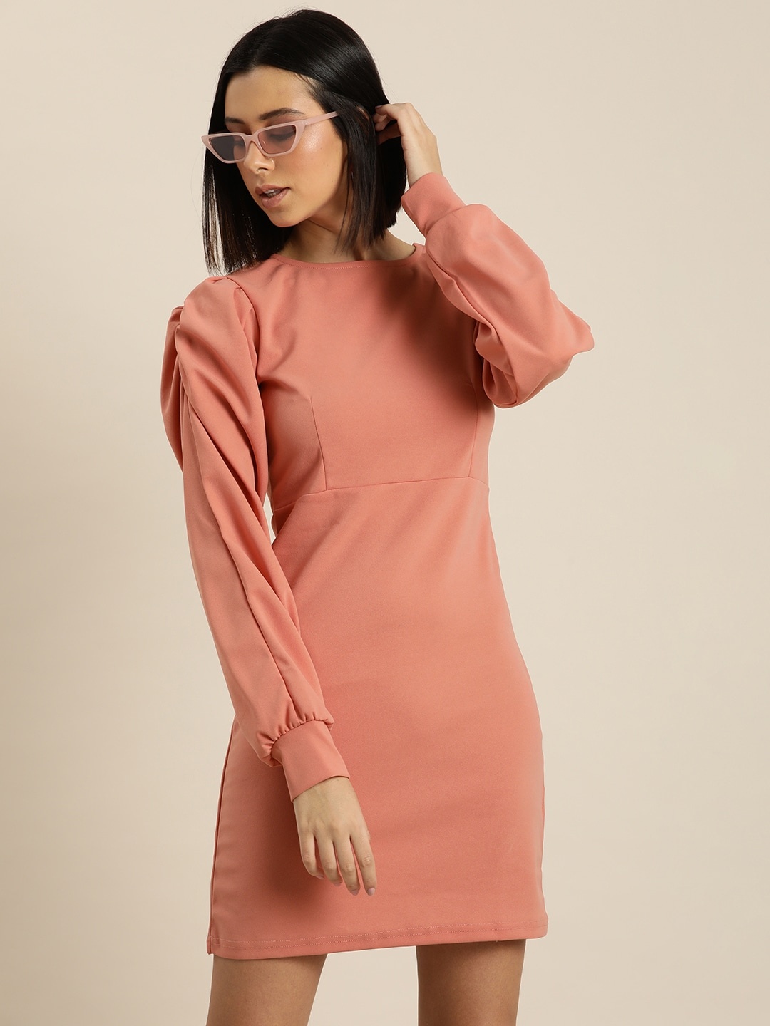 

Moda Rapido Peach-Coloured Solid Bodycon Mini Dress