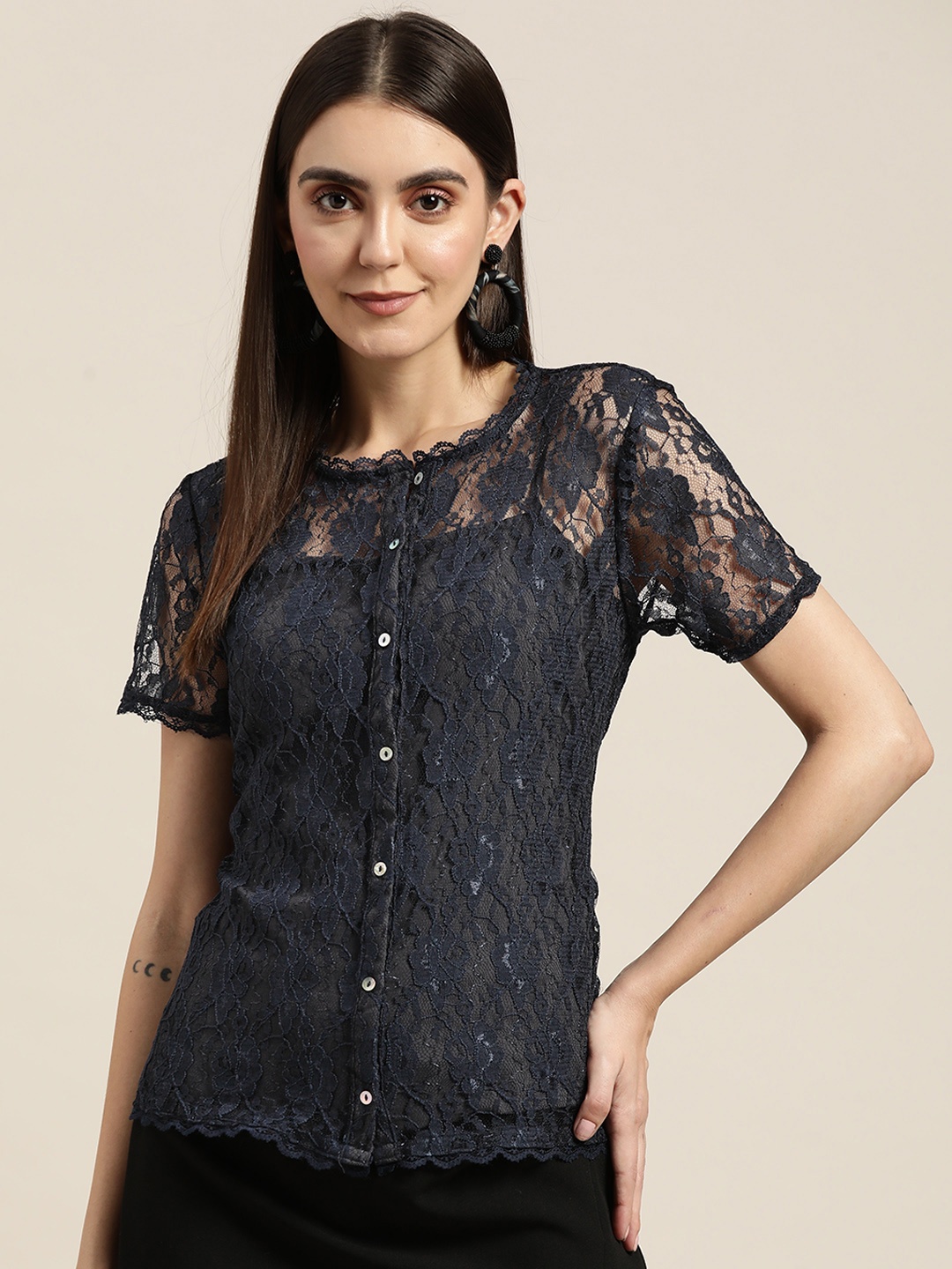 

Moda Rapido Navy Blue Floral Lace Top with Slip