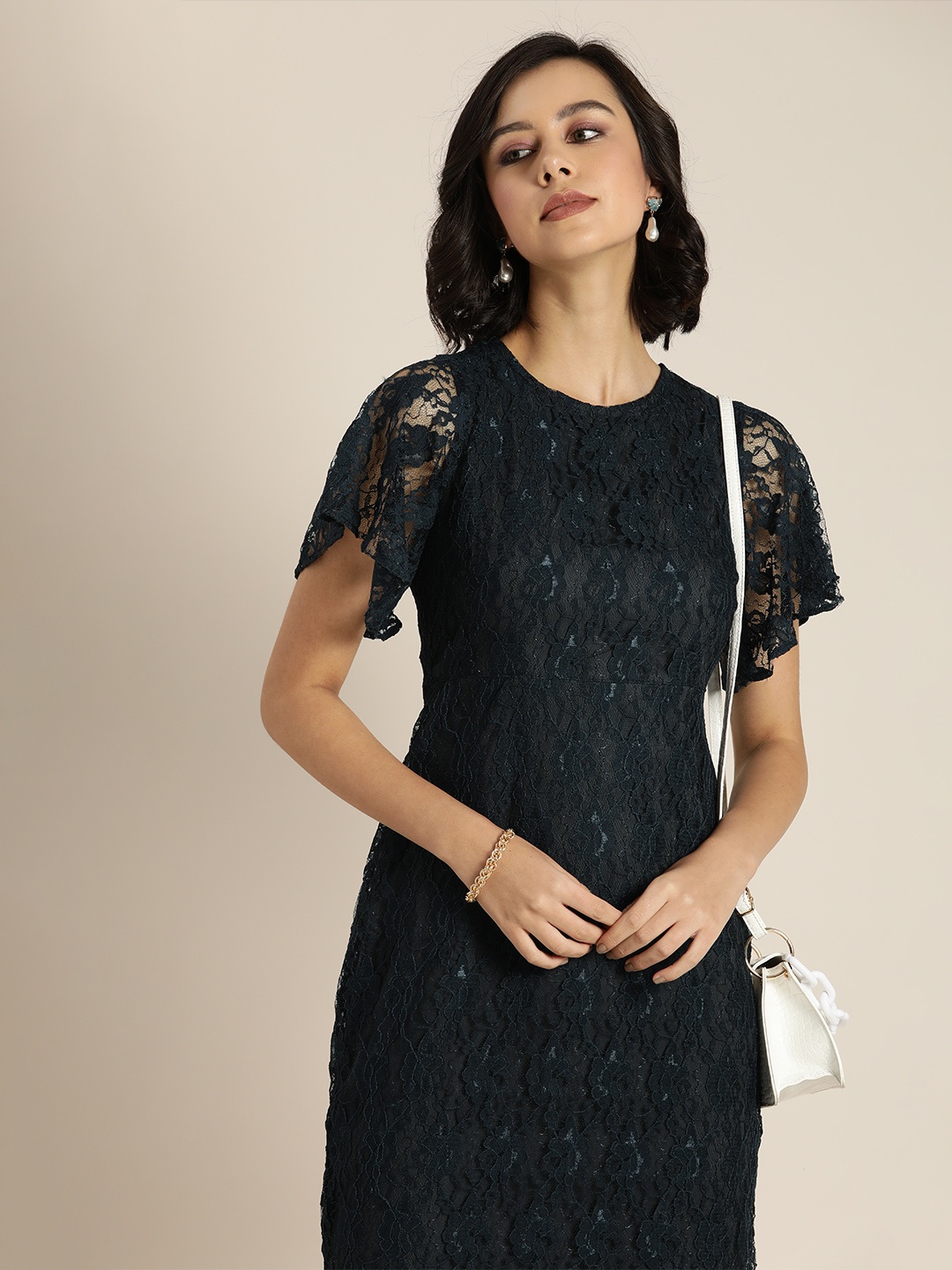 

Moda Rapido Women Navy Blue Solid Lace Bodycon Dress