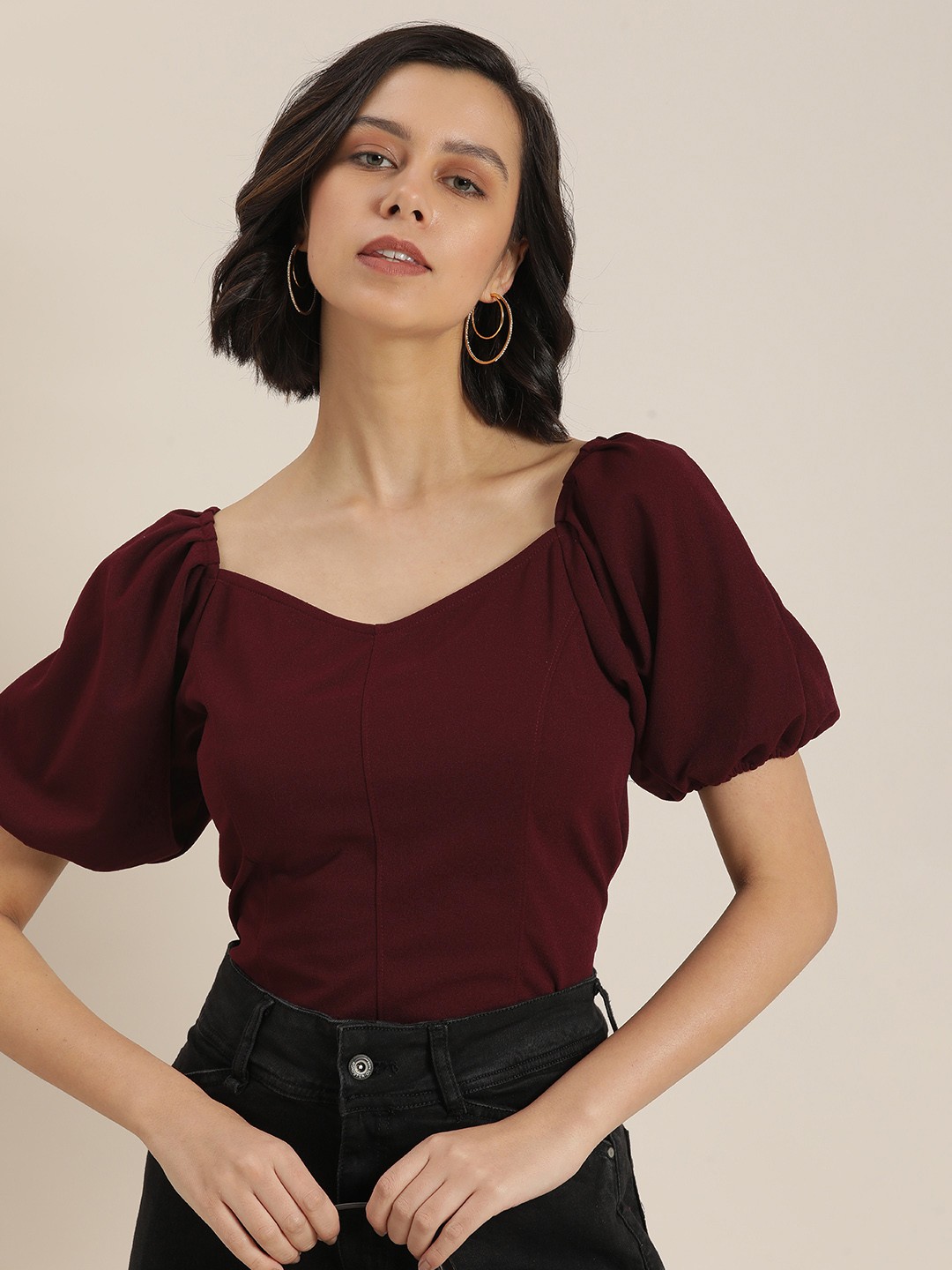 

Moda Rapido Maroon Regular Puff Sleeves Top