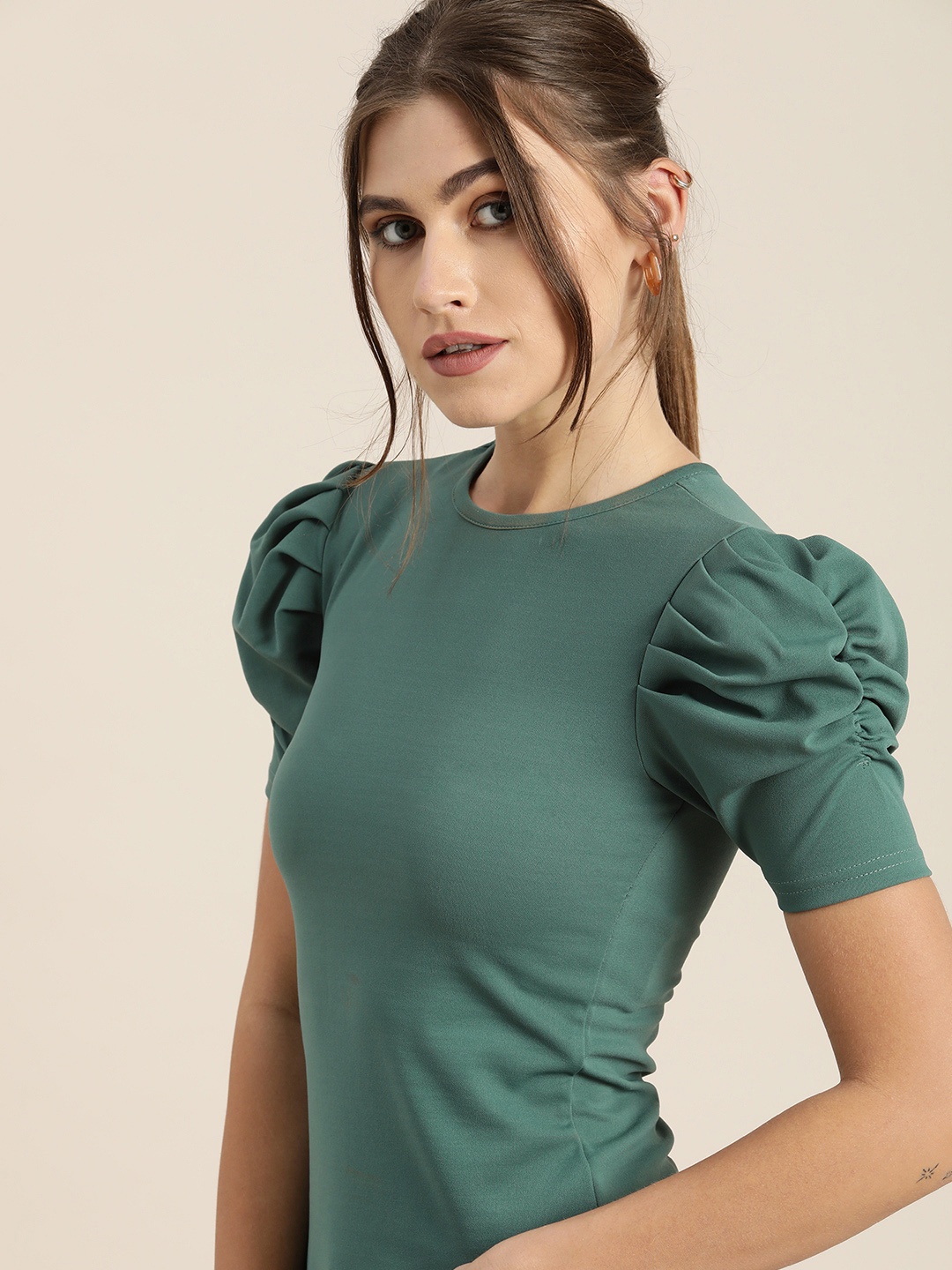 

Moda Rapido Teal Green Solid Puff-Sleeve Regular Top
