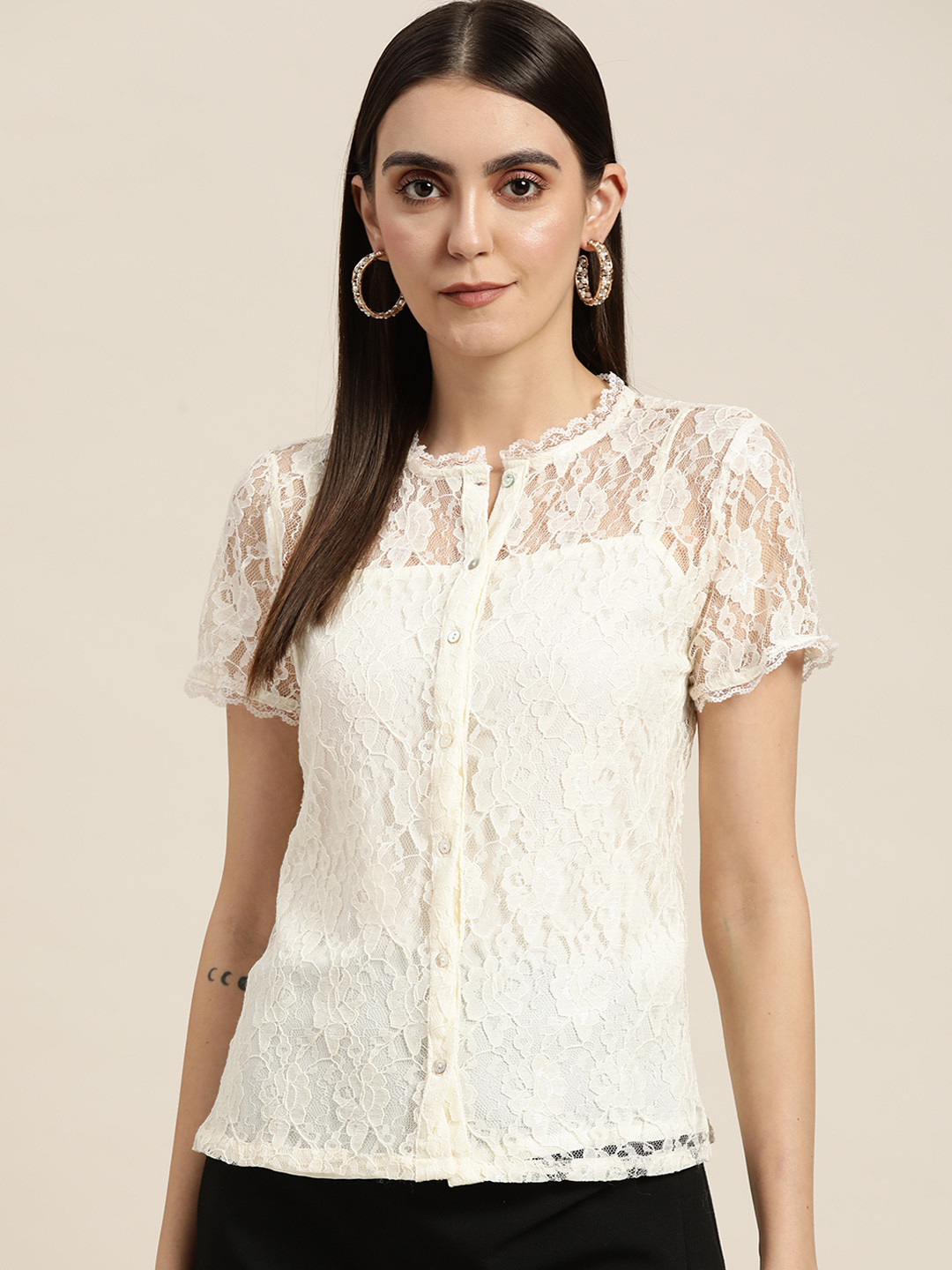 

Moda Rapido Cream-Coloured Floral Lace Top with Slip