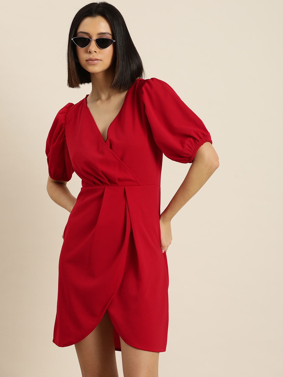 

Moda Rapido Red Solid Mini Wrap Tulip Dress