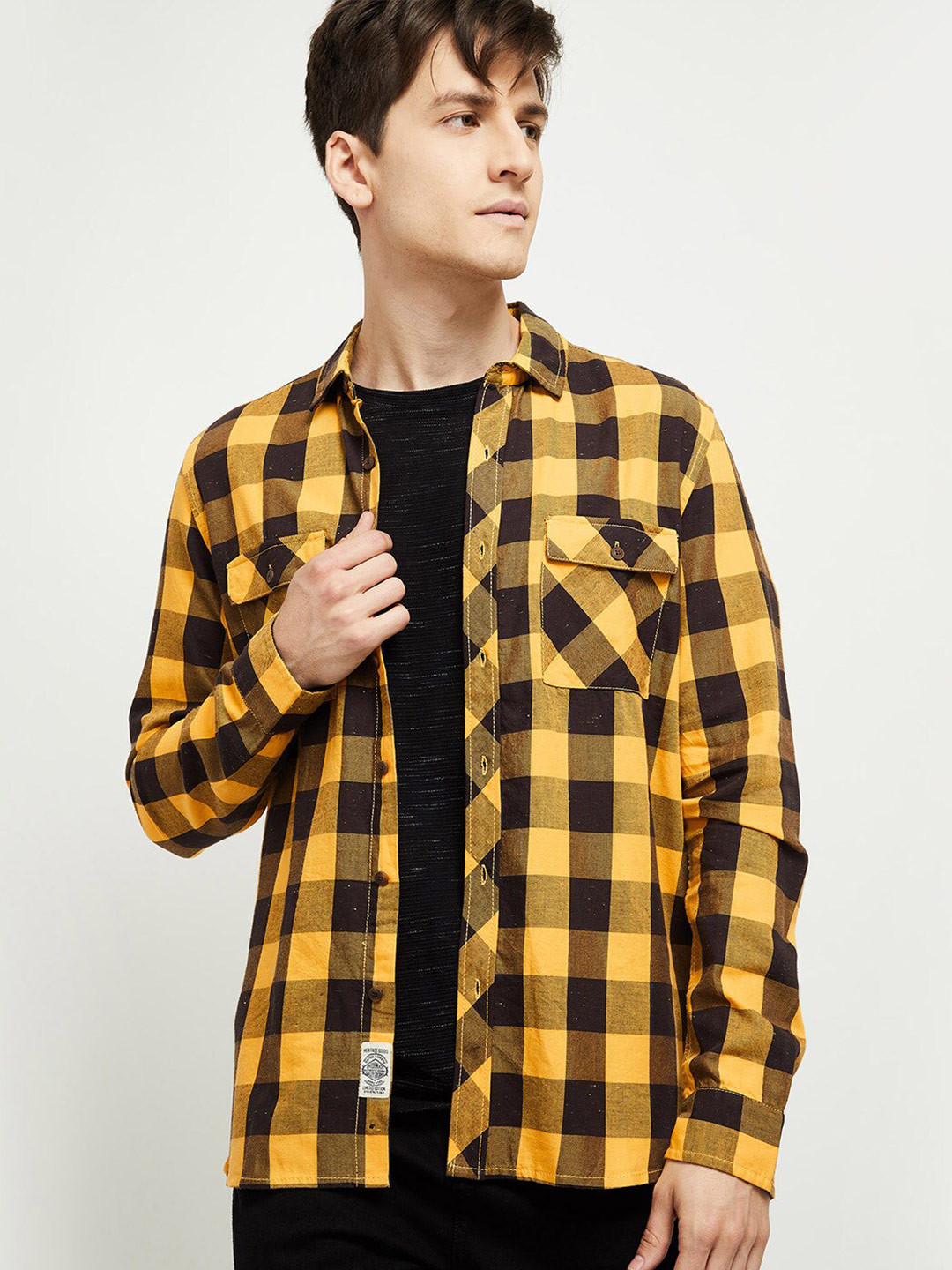 

max Men Mustard Buffalo Checks Opaque Checked Casual Shirt