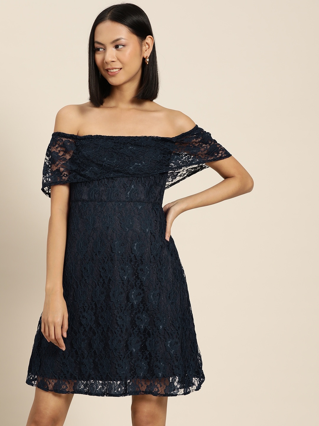 

Moda Rapido Floral Lace Square Neck Mini Dress, Navy blue