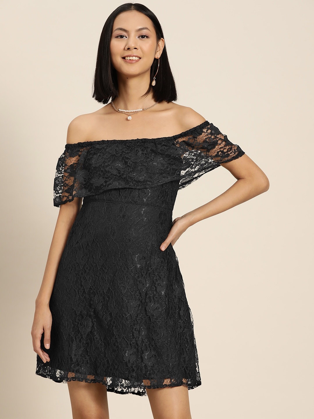 

Moda Rapido Floral Lace Square Neck Mini Dress, Black