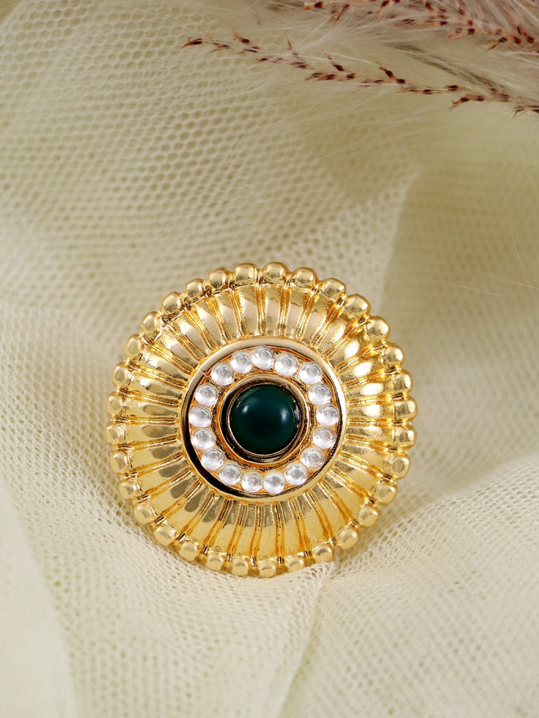 

Crunchy Fashion Gold-Plated White & Green Stone Studded Adjustable Finger Ring