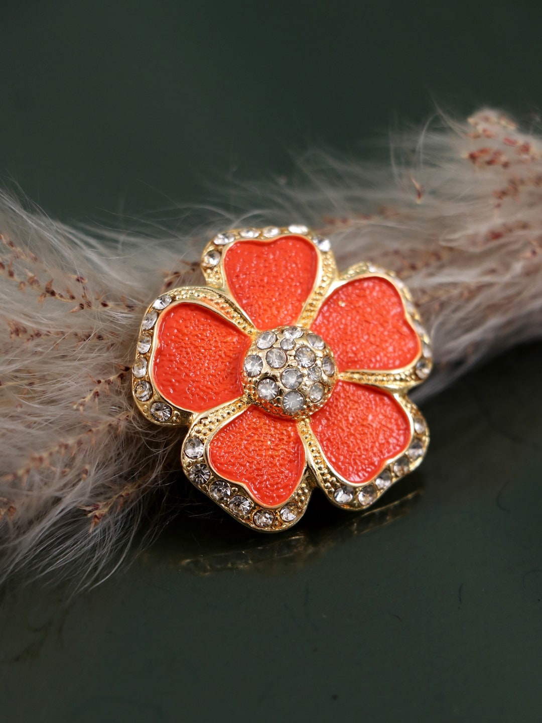 

Crunchy Fashion Gold-Plated White & Orange Stone-Studded Statement Brooch