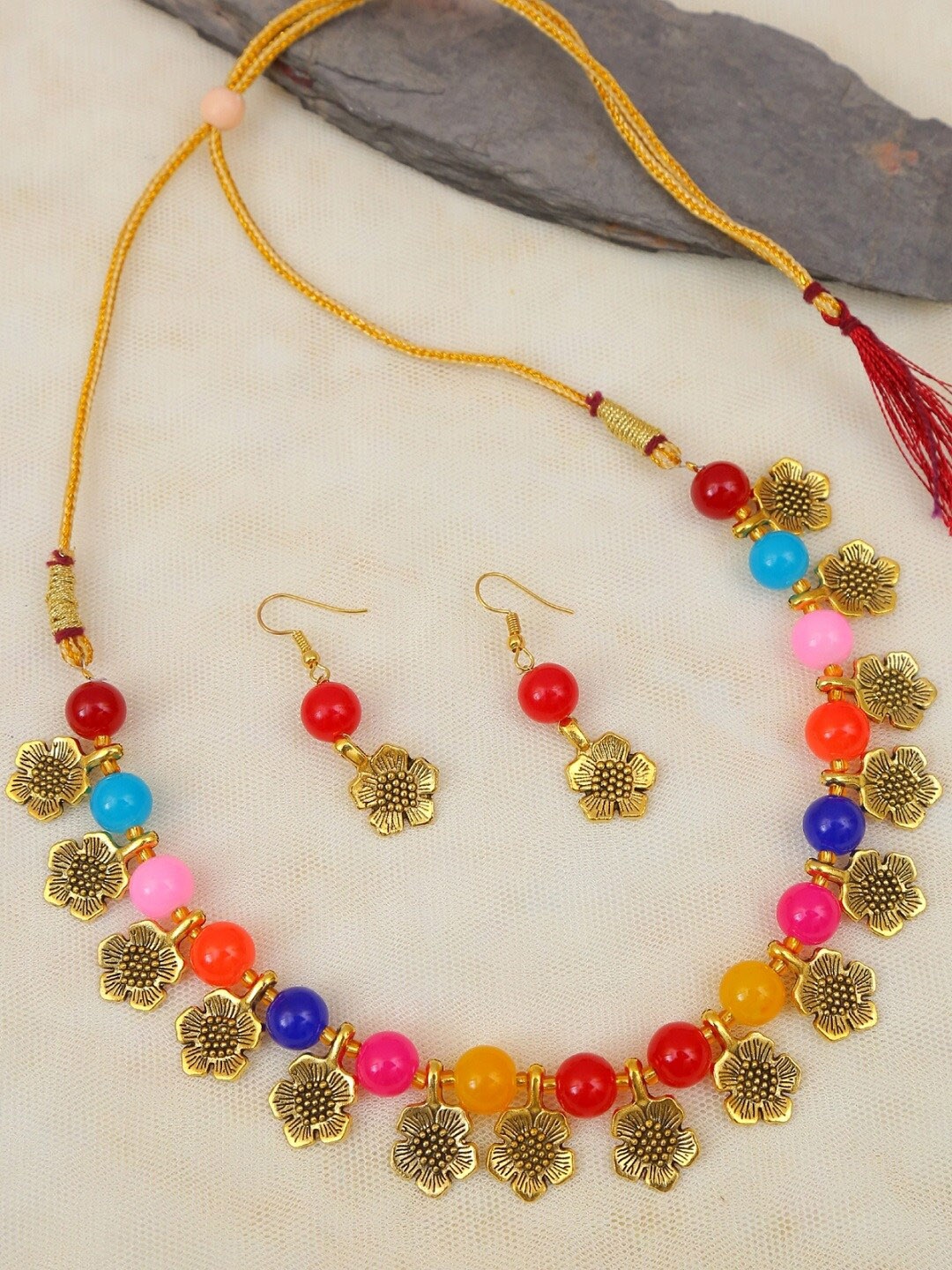 

Crunchy Fashion Gold-Plated Red & Pink Beaded Oxidised Jewellery Set