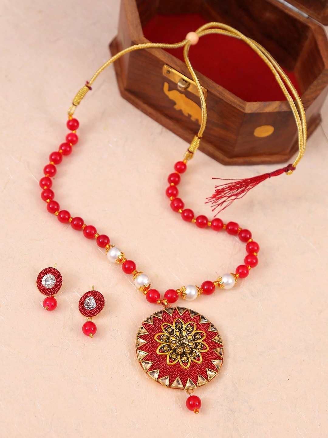 

Crunchy Fashion Gold-Plated Red & White Stone-Studded & Pearl Beaded Enamelled Jewellery Set