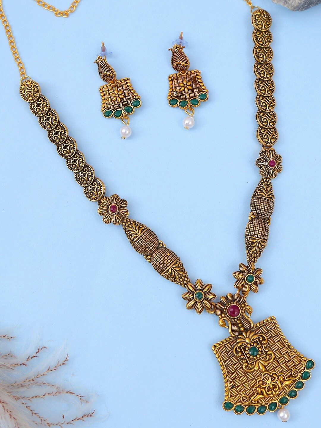 

Crunchy Fashion Gold-Plated & Green Traditional Antique Jewellery Set