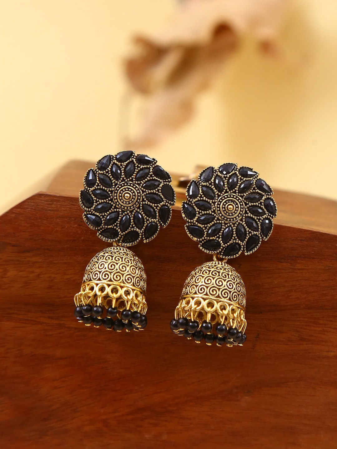 

Crunchy Fashion Black & Gold-Toned Dome Jhumkas Earrings