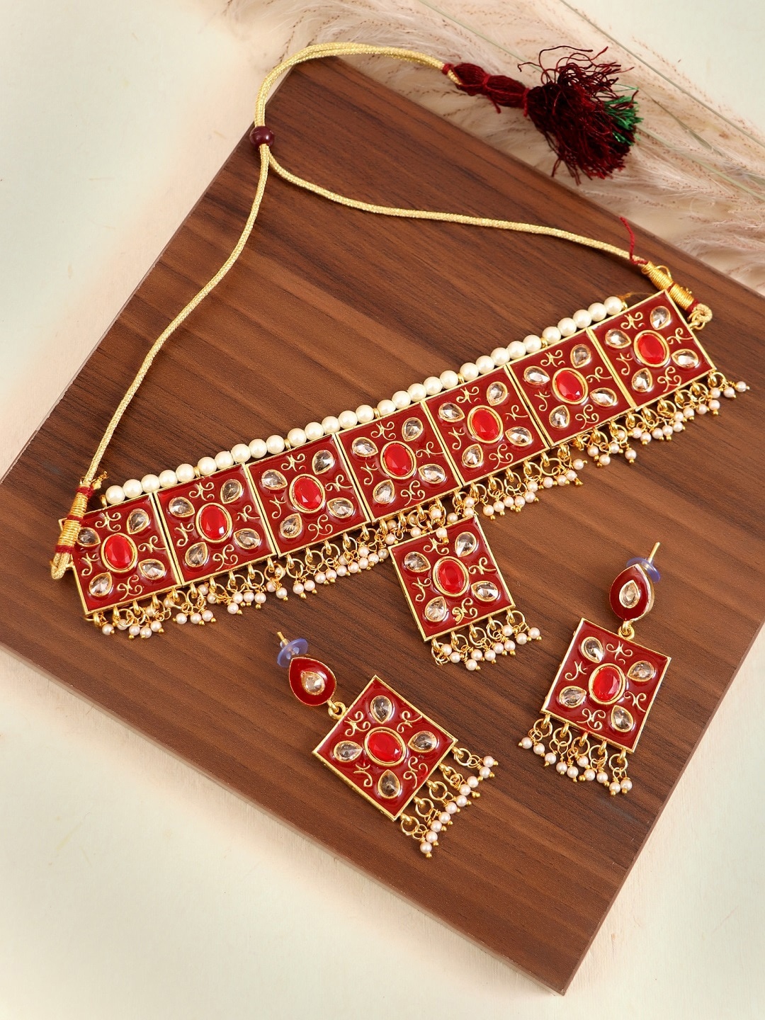 

Crunchy Fashion Gold-Plated & Red Kundan-Studded Meenakari Jewellery Set