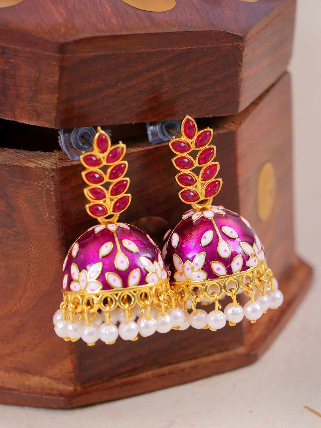 

Crunchy Fashion Purple & Gold-Plated Meenakari Dome Shaped Jhumkas Earrings