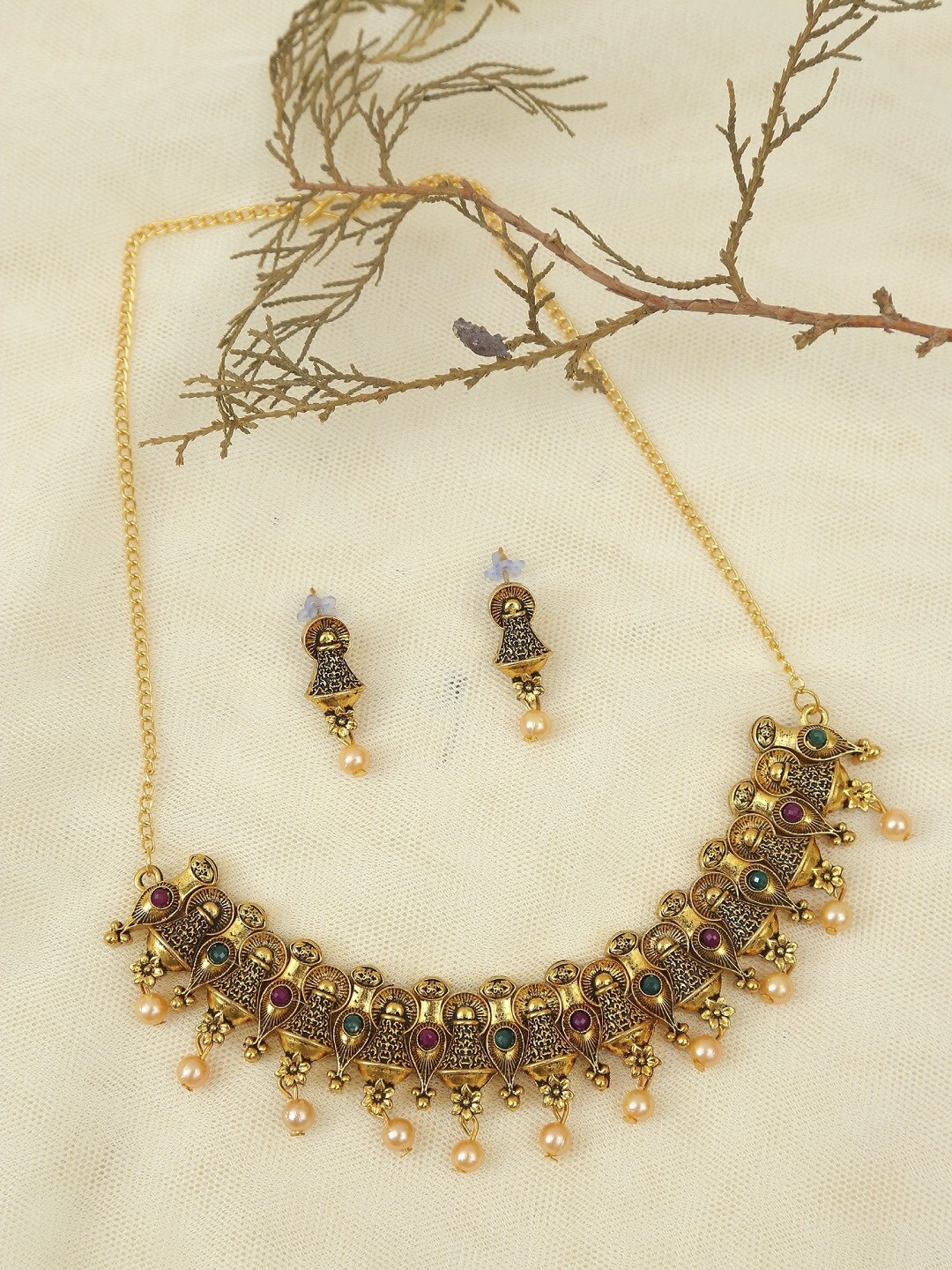 

Crunchy Fashion Women Gold & Multi Stone Studded & Beaded Jewelry Set