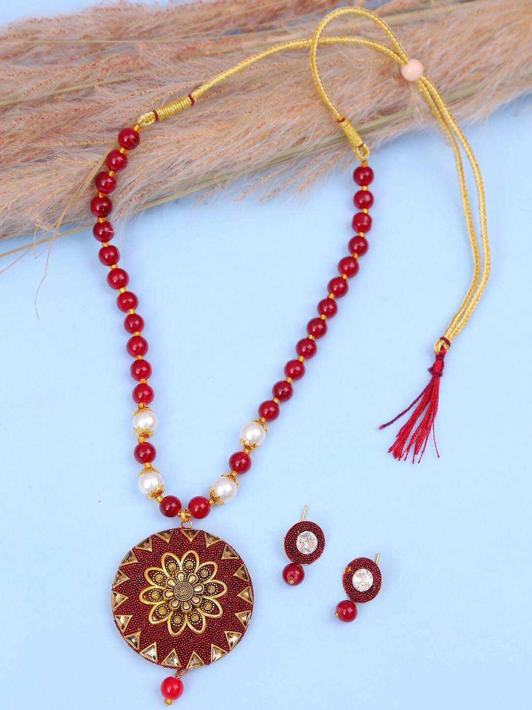 

Crunchy Fashion Gold-Plated & Red Pearls-Studded & Beaded Enameled Jewellery Set