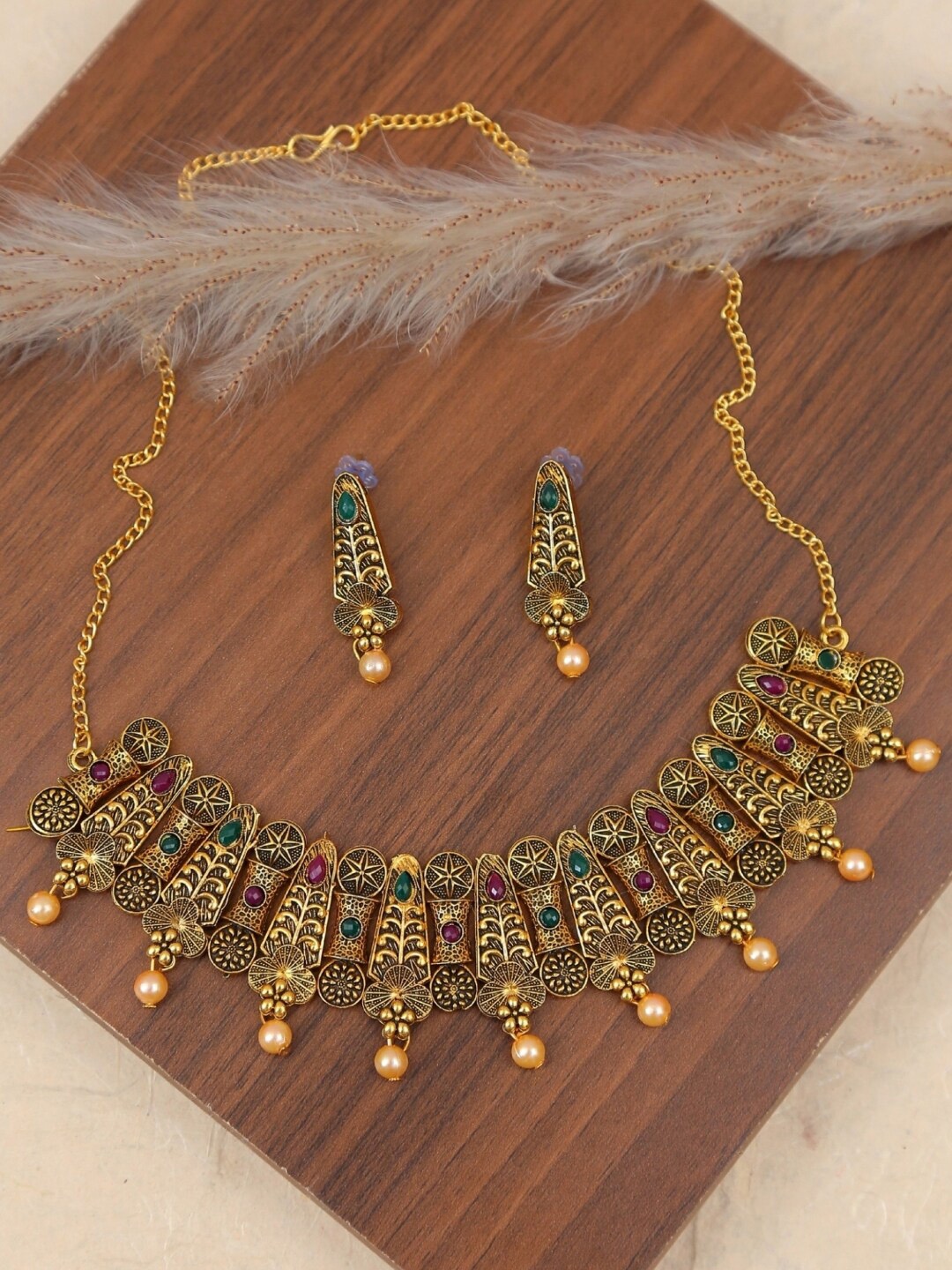 

Crunchy Fashion Gold-Plated Pink & Green Stone-Studded & Beaded Jewellery Set