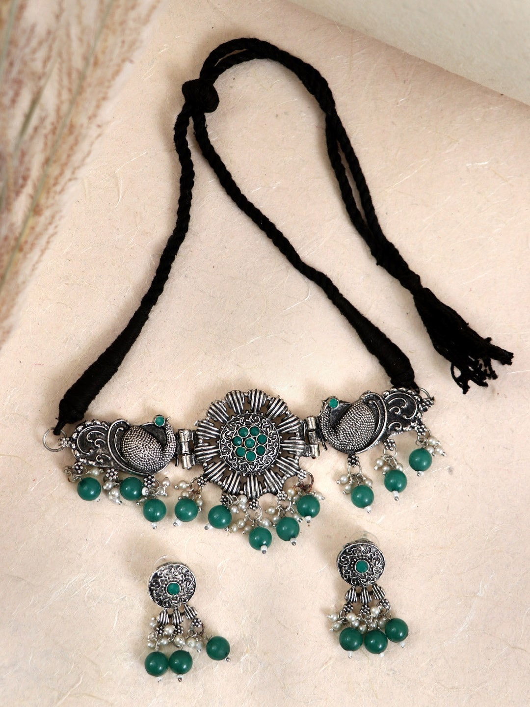 

Crunchy Fashion Silver-Plated & Green Stone-Studded & Pearl Beaded Jewellery Set