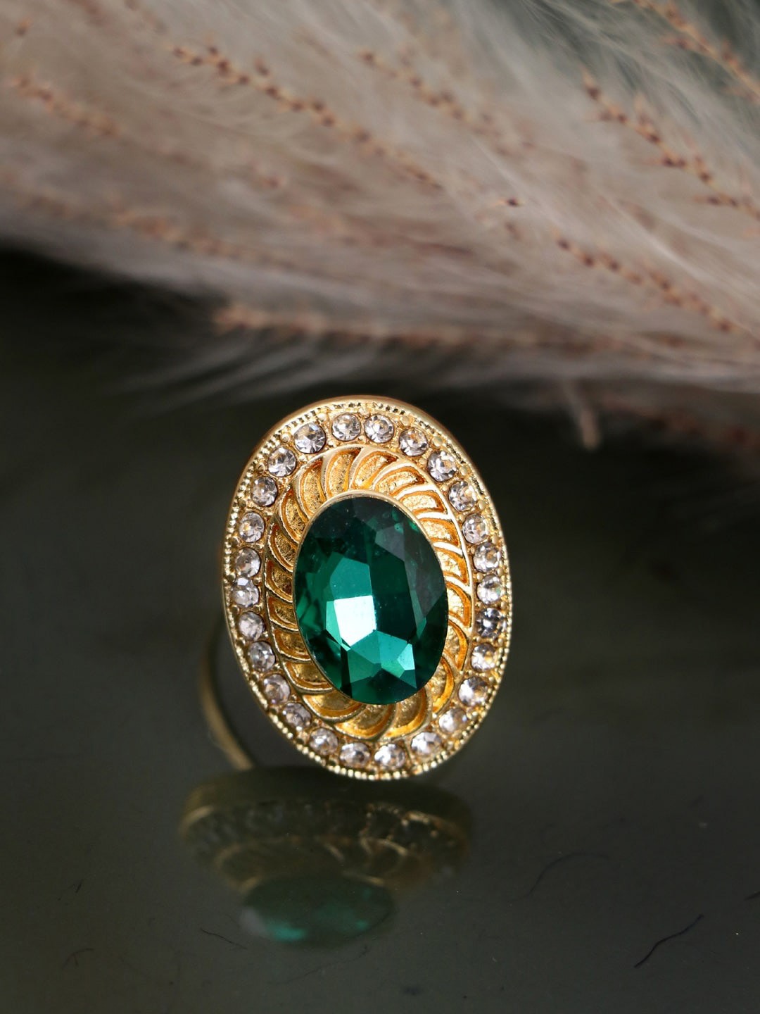 

Crunchy Fashion Gold-Plated Green & White Kundan-Studded Adjustable Finger Ring
