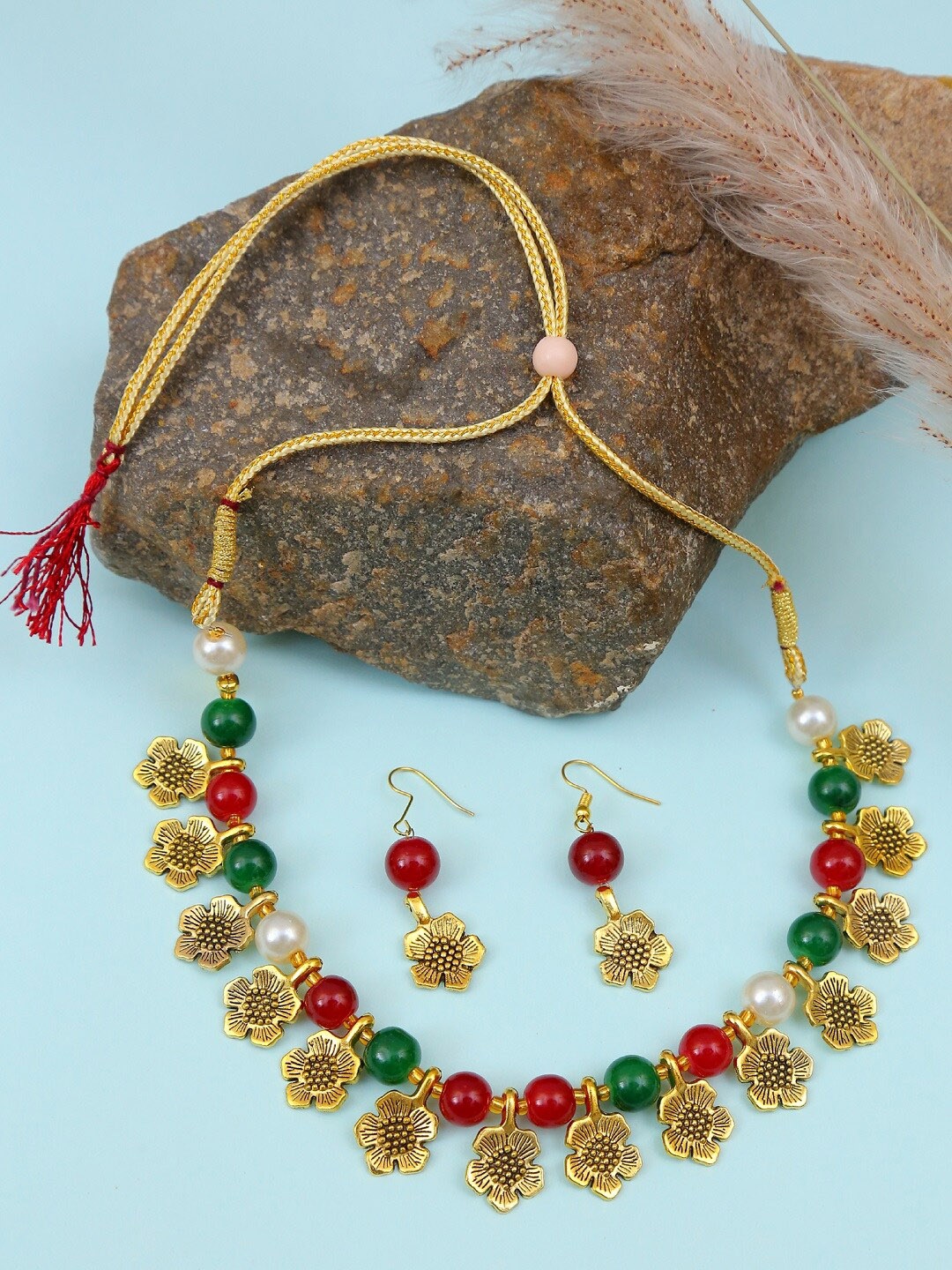 

Crunchy Fashion Gold-Plated Red & Green Beaded Jewellery Set