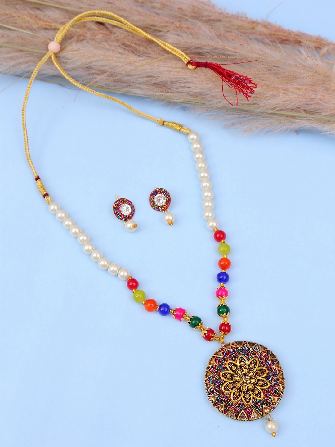 

Crunchy Fashion Gold-Plated & White Pearls-Studded & Beaded Enameled Jewellery Set