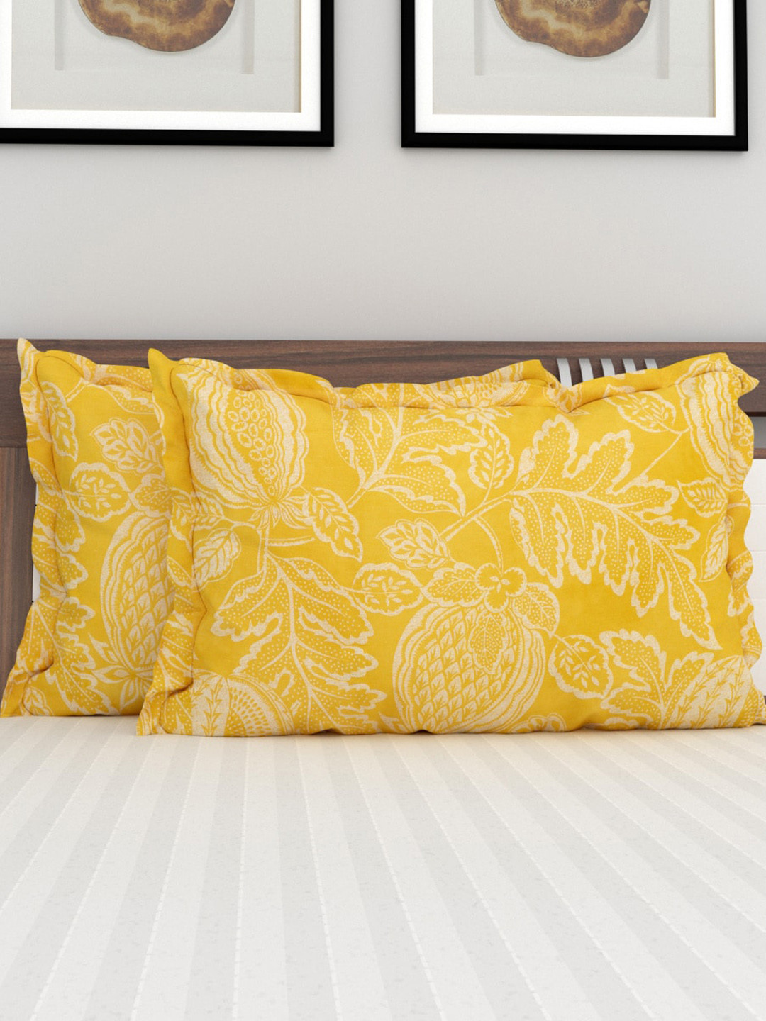 

Home Centre Set Of 2 Yellow & White Printed Cotton Pillow Covers