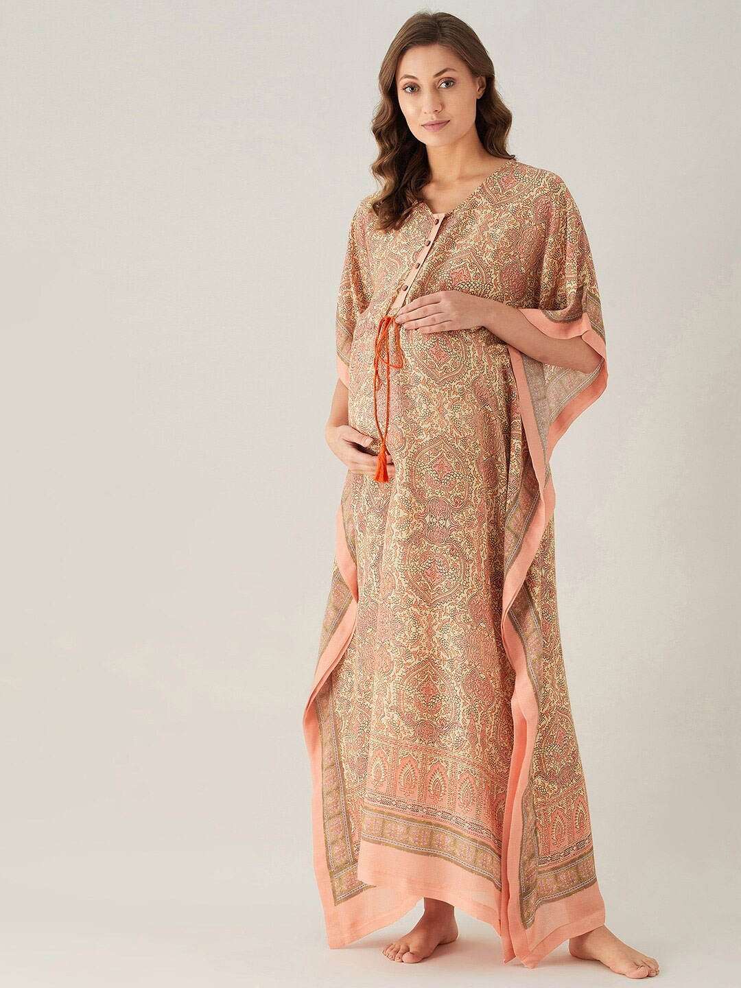 

The Kaftan Company Peach Printed Maxi Maternity and Feeding Kaftan Nightdress