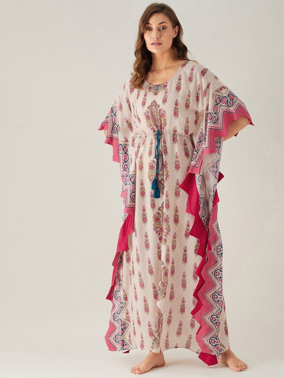 

The Kaftan Company Women White Ethnic Motifs Printed Kaftan Maxi Nightdress