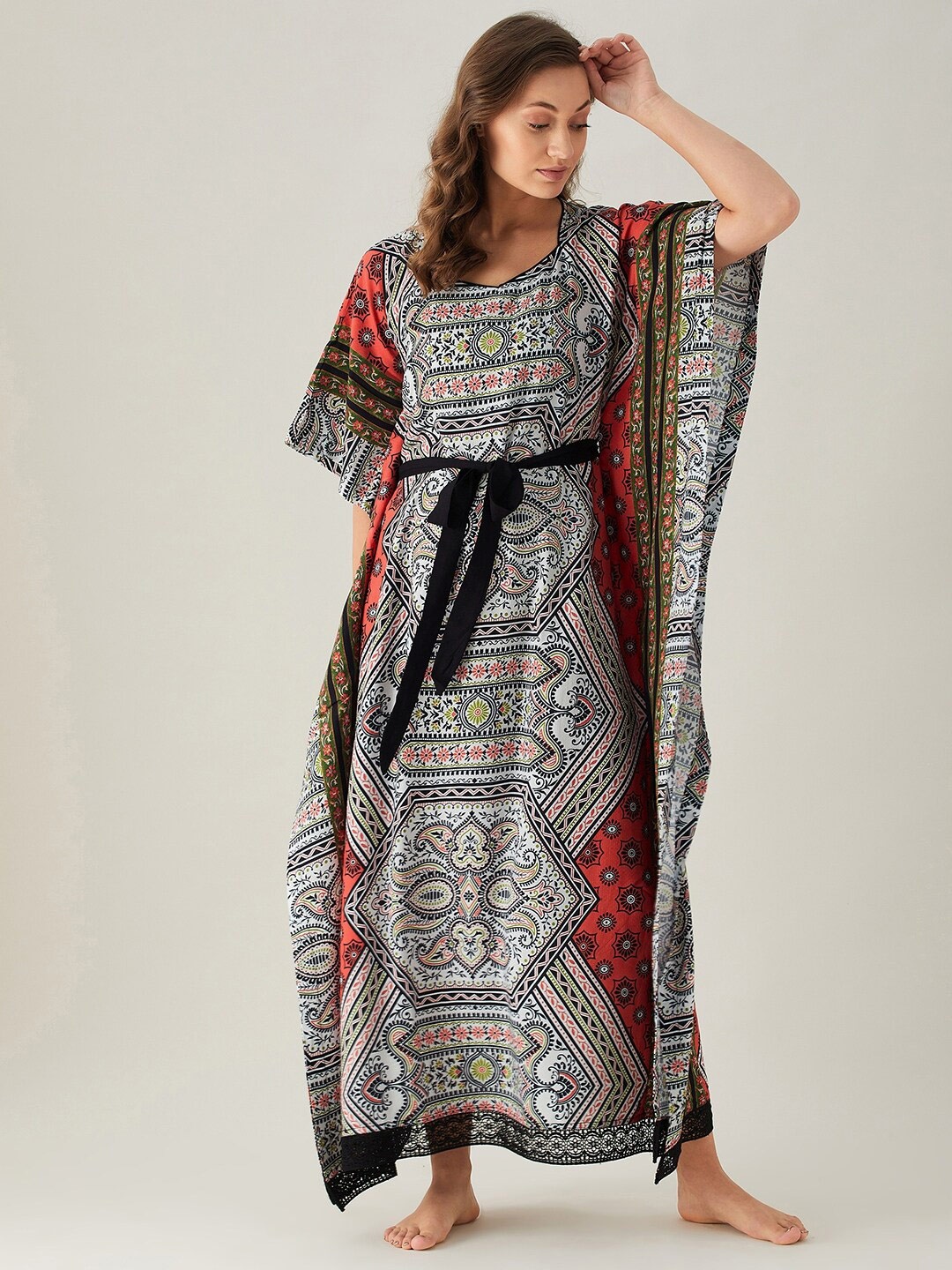 

The Kaftan Company White & Black Printed Kaftan Maxi Nightdress