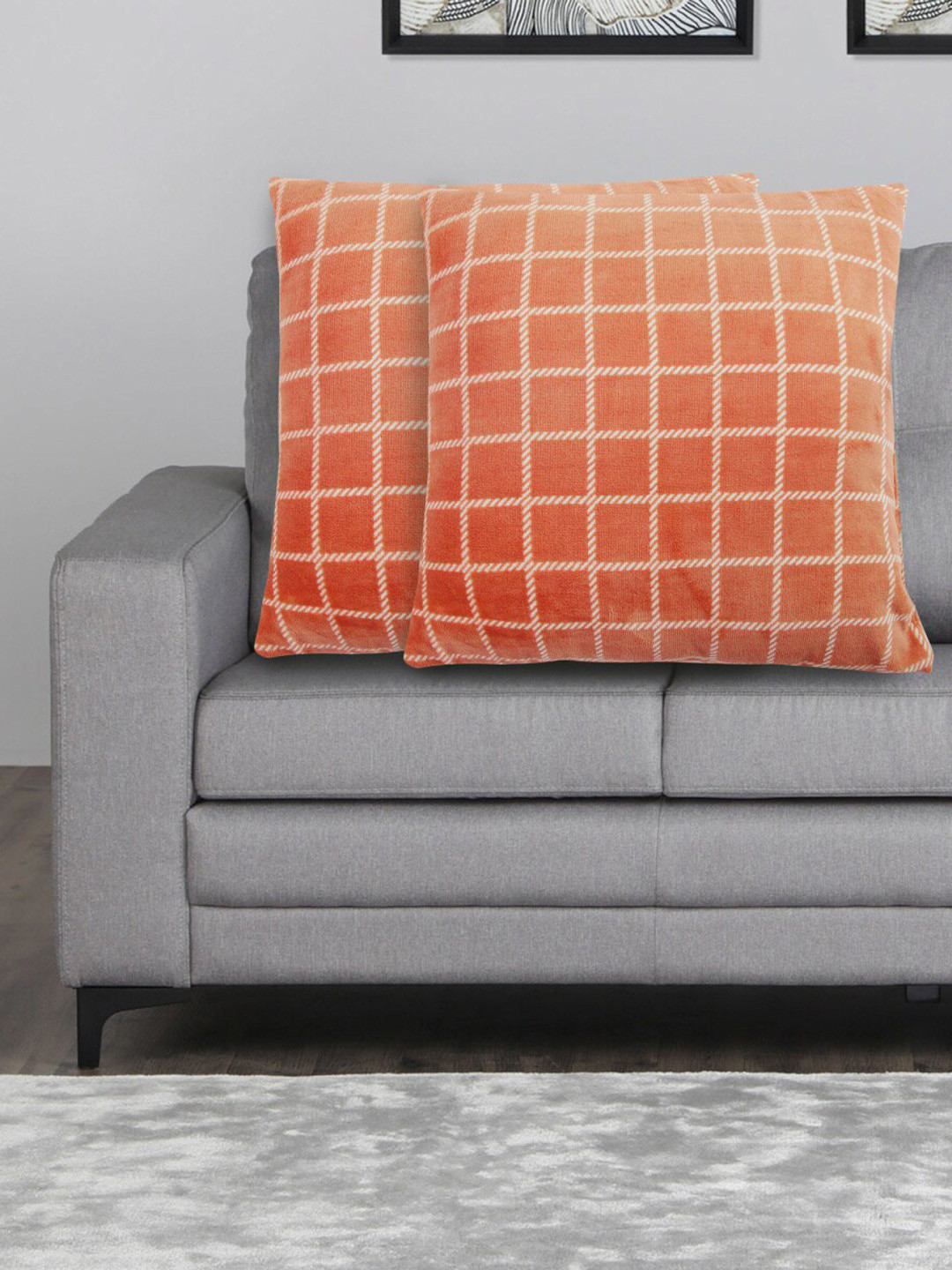 

Home Centre Set of 2 Orange Checked Square Cushions