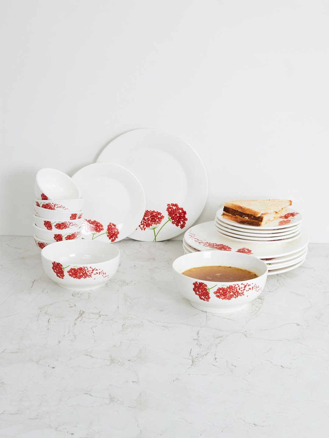 

Home Centre Pristine Red & White 20 Pieces Printed Porcelain Matte Dinner Set