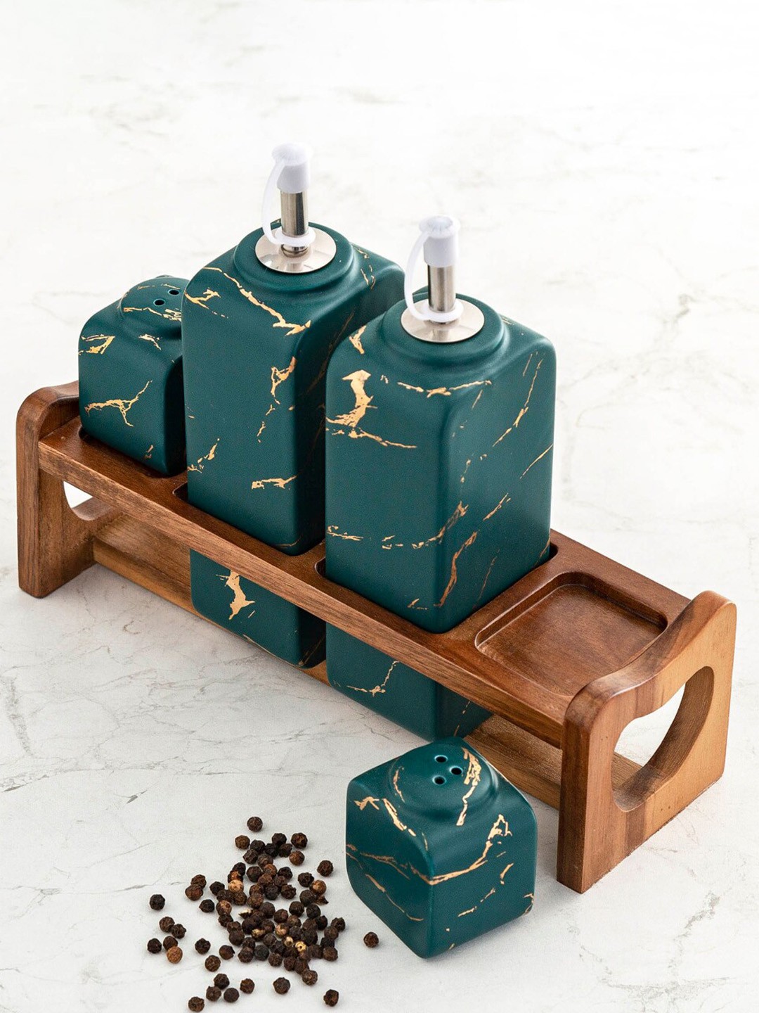 

Home Centre Set Of 5 Green & Gold-Toned Printed Porcelain Seasoning Pot Set With Wooden Stand