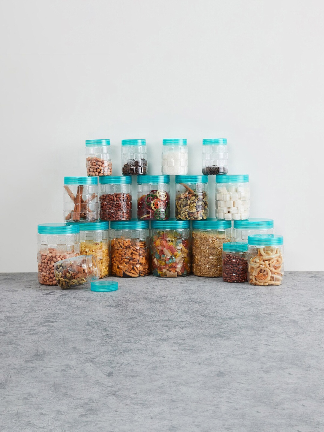 

Home Centre Set Of 18 Transparent & Blue Textured Storage Jars With Lids