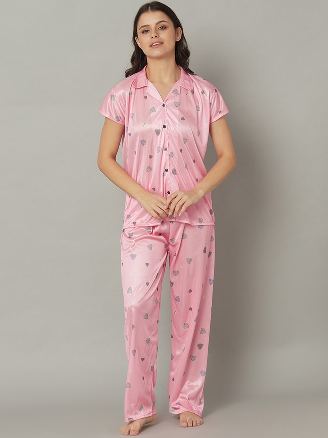 

TRUNDZ Women Pink & Grey Printed Night suit