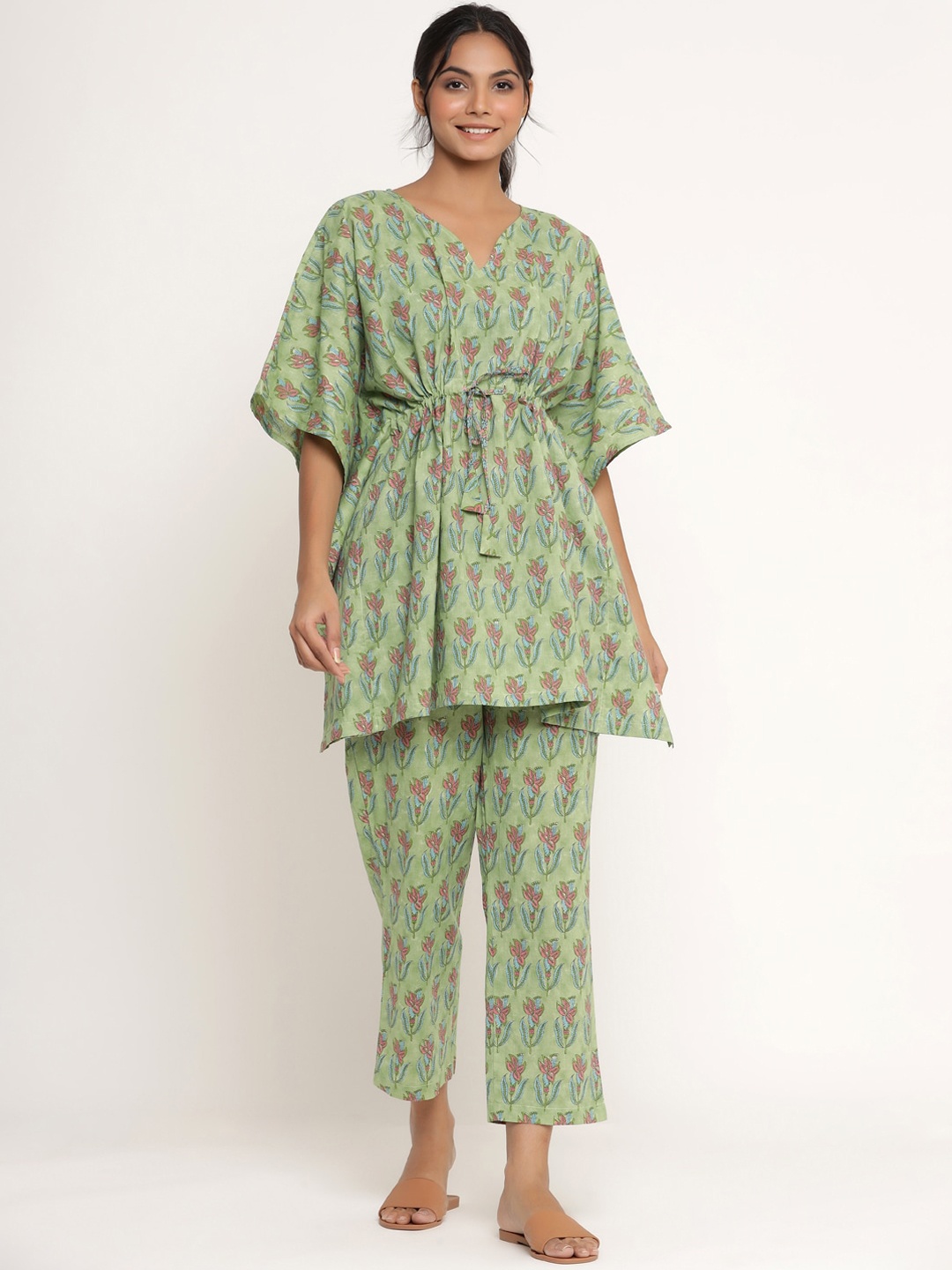 

JISORA Women Green Printed Cotton Night suit