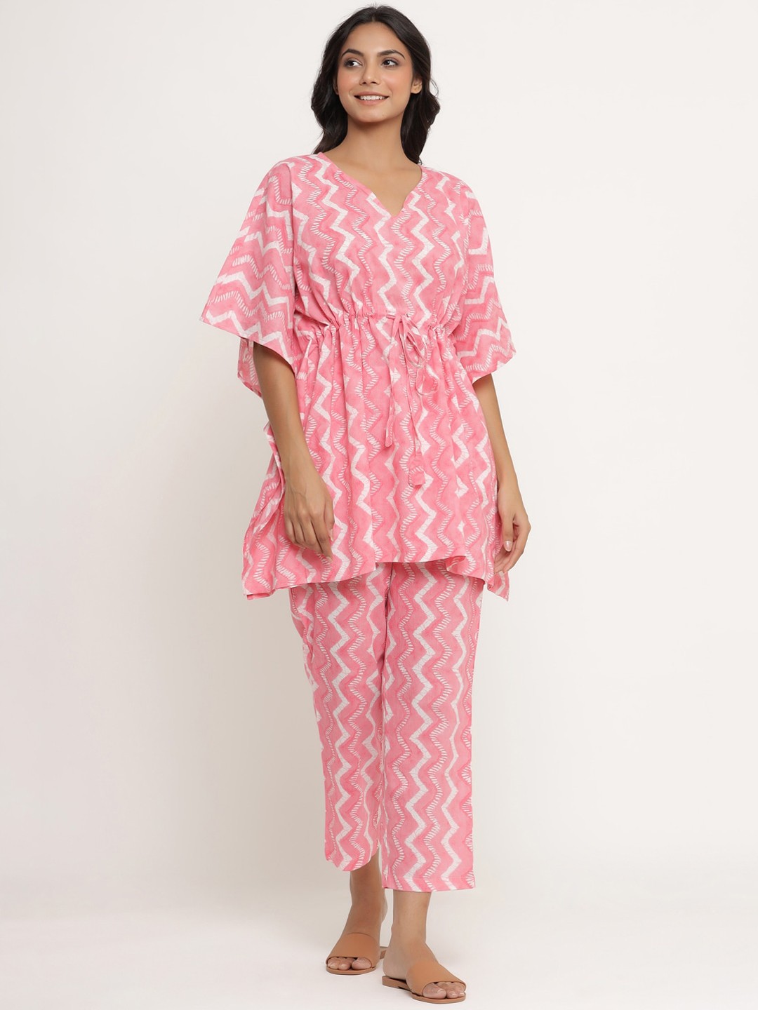 

JISORA Women Pink & White Printed Cotton Night suit