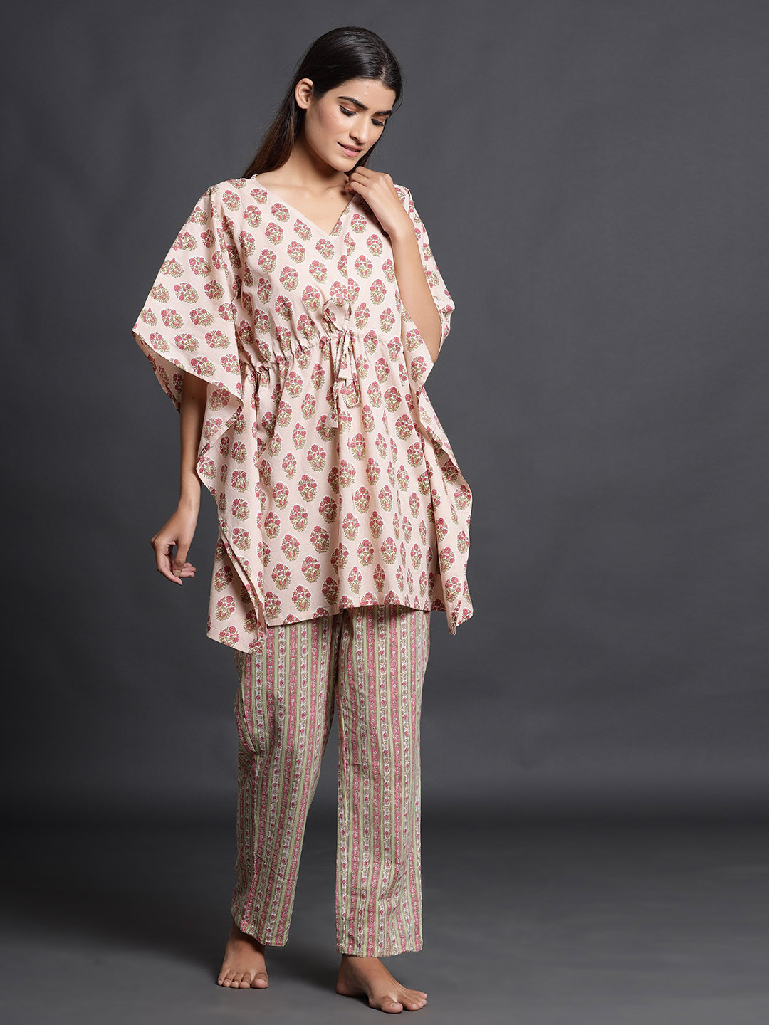 

JISORA Women Pink & Green Printed Pure Cotton Night suit