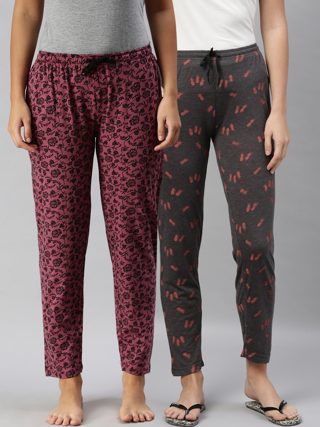 

Kryptic Women Pack Of 2 Printed Pure Cotton Lounge Pants, Maroon
