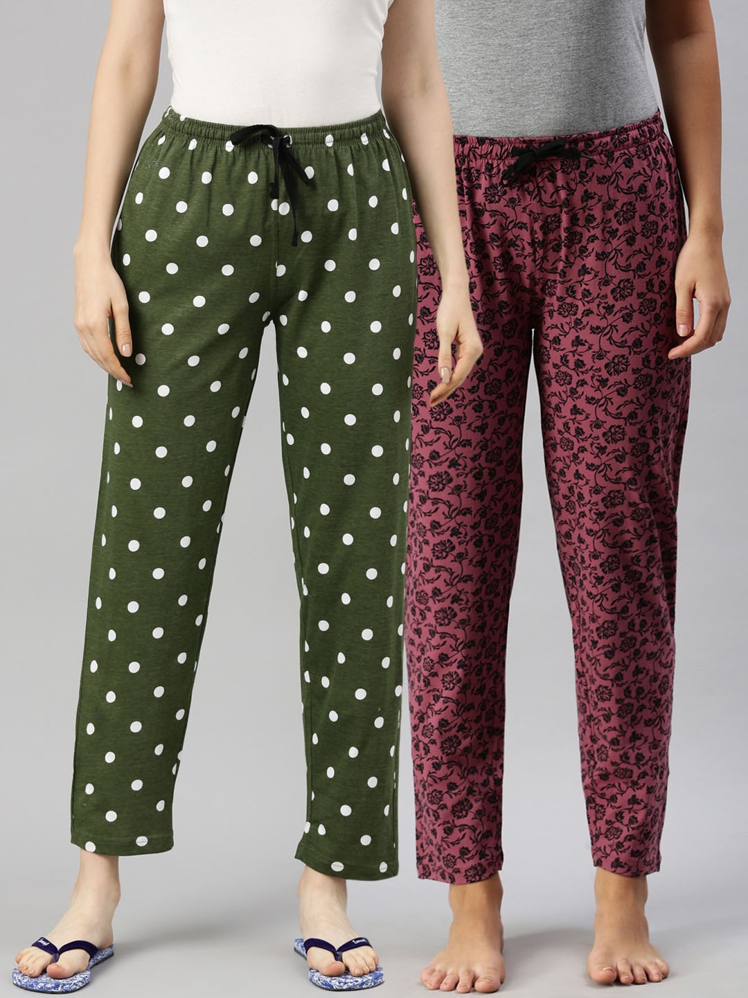 

Kryptic Women Pack Of 2 Printed Pure Cotton Lounge Pants, Maroon