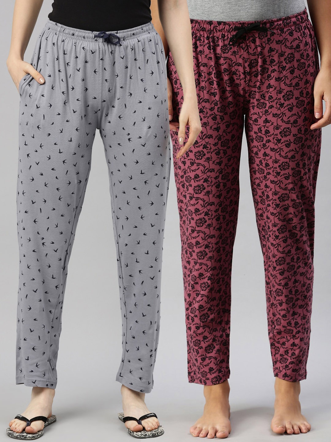 

Kryptic Women Pack Of 2 Printed Pure Cotton Lounge Pants, Maroon