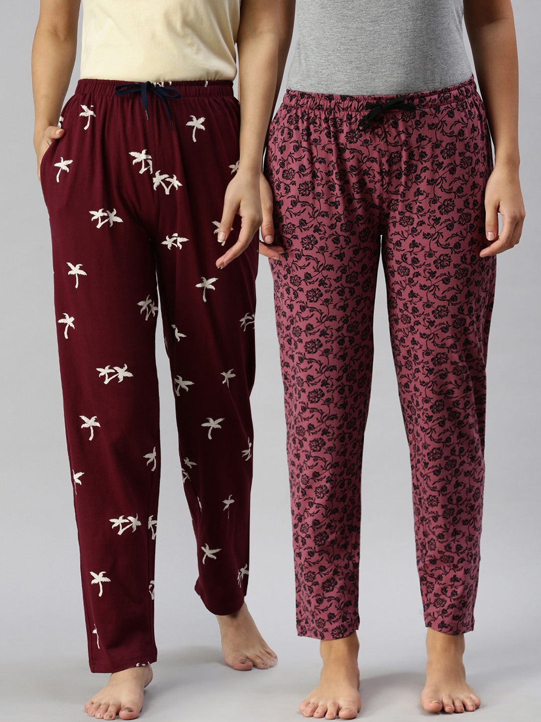 

Kryptic Women Pack Of 2 Printed Pure Cotton Lounge Pants, Maroon